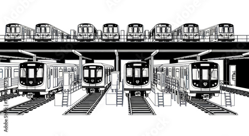 Multiple Subway Trains Lined Up in Depot, Urban Transportation Concept