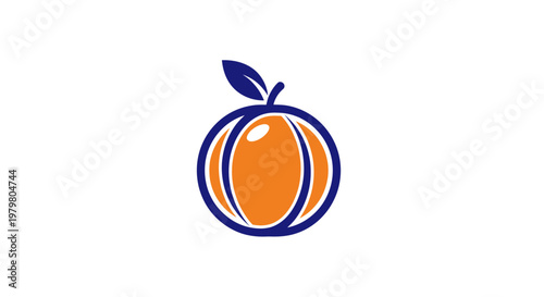 Orange Fruit Logo with Blue Outline and Leaf on White Background