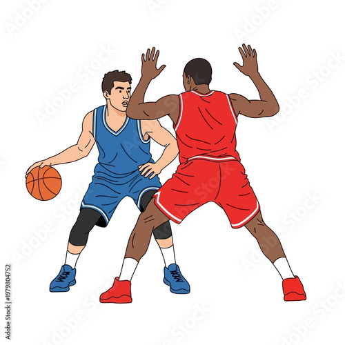 Basketball players competing, one dribbling, other defending, dynamic sports illustration