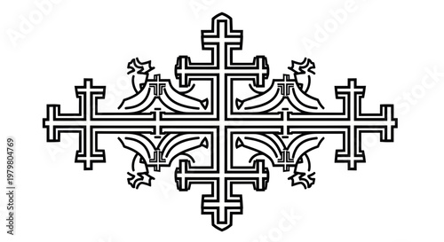 Ornate Cross Emblem with Winged Figures, Religious Symbol, Intricate Design