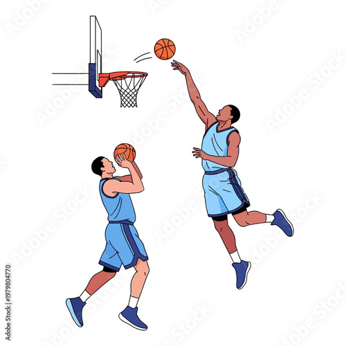 Basketball players in action: one shooting, another jumping for a dunk against white background