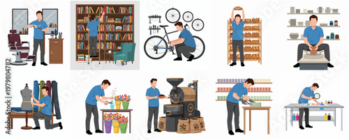 Flat Style Illustration of Various Small Business Owner Working on Their Shop