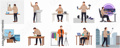 Flat Style Influencer Lifestyle in Various Situations and Activities Illustration