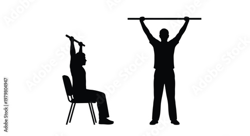 Man performing overhead shoulder press exercises while sitting on a chair and standing in black silhouette form