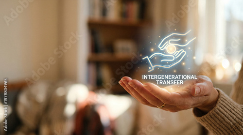 Financial planning high level intergenerational transfer hands open glowing concept