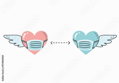 Heart with Wings Wearing Face Masks Symbolizing Care.