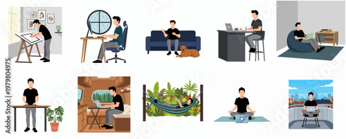 Various Lifestyle Illustration of Person Working Remotely at Home Concept