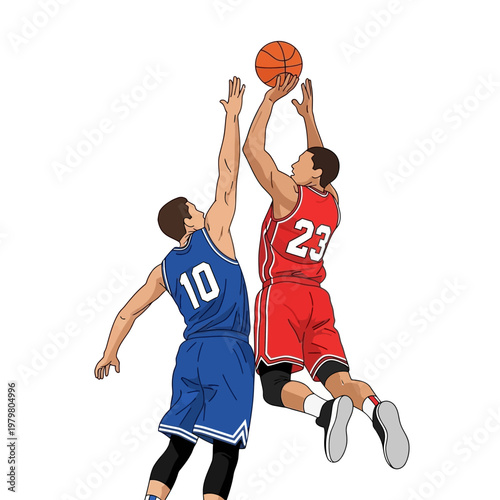 Basketball players, one shooting, one defending, isolated on white