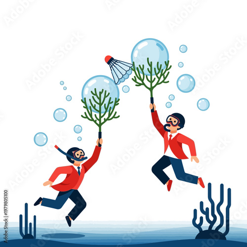 Businessmen diving underwater with badminton shuttlecock and bubbles