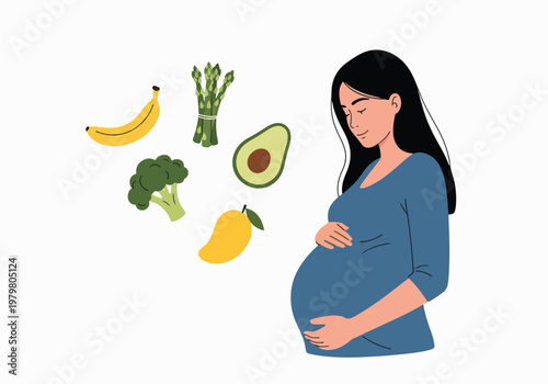 Pregnant Woman with Healthy Fruits and Vegetables.