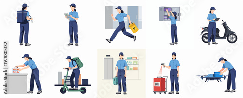 Flat Design Courier Girl Character Various Poses and Activity Illustration