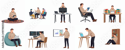 Flat Style Collection Of People Studying and Working at Different Situations Illustration