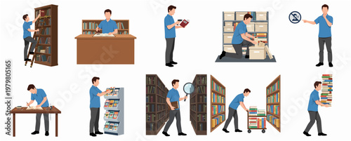 Flat Character Library Management People Set With Bookshelf and Document Storage
