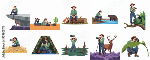 Pixelated Wildlife Photographer in Various Outdoor Scenarios Flat Design Illustration