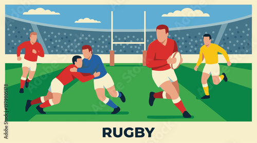 Flat design illustration of a dynamic rugby match with players in action on a field