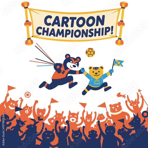 Cartoon Championship: Bear athletes playing soccer with excited crowd cheering
