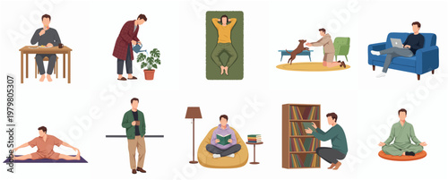Flat Design People Different Activity Daily Lifestyle Simple Illustration Element Set