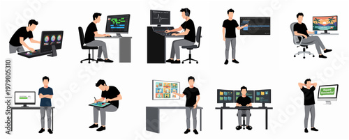 Flat Style Various Poses of Man Working with Technology Illustration