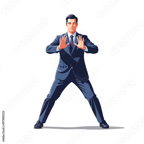 Businessman Poses with Hands Outstretched, Stopping Gesture, Confident Stance