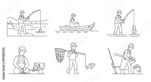 Fishing icons, vector illustrations, fishing scenes, outdoor activities