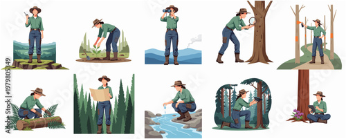 Pixelated Detailed Forester Activities In Nature Forest Illustration Icon Set
