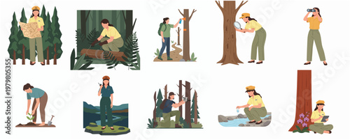 Flat Design Forest Ranger Activities Illustration Set Showing Various Forestry Tasks