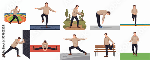 Diverse Flat Illustration of Young Man Doing Sport and Outdoor Exercise