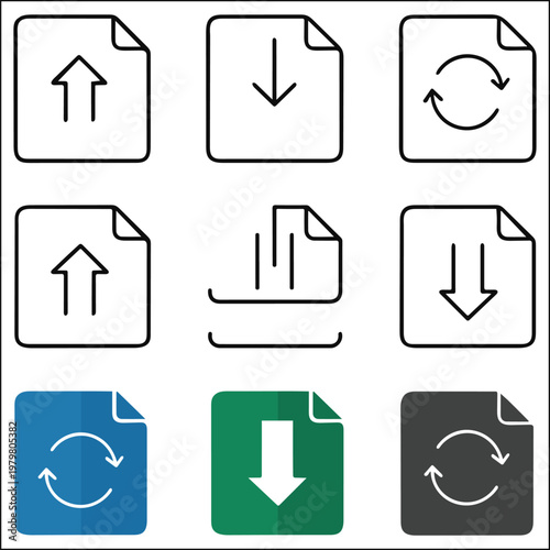 File Transfer Line Icons Set - Upload, Download, and Sync Document Vector Symbols
