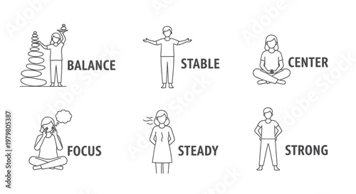 Yoga, meditation, balance, and focus icons, vector illustrations, mindfulness symbols