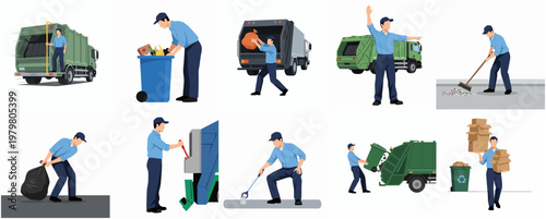 Flat Style Diverse Scenes of Sanitation Worker Activities Illustration