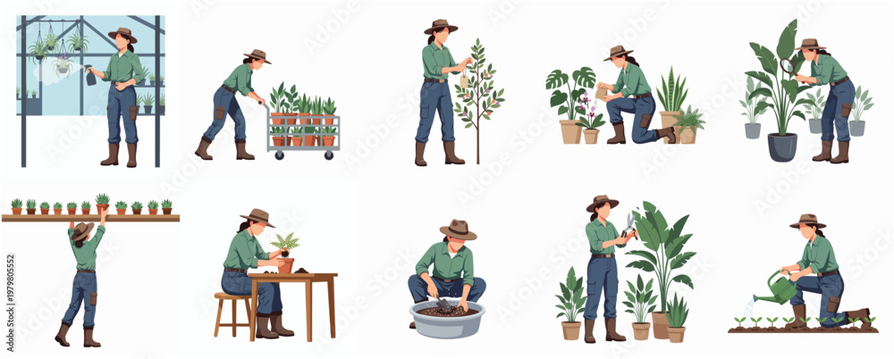 Naklejka premium Flat Illustration of Woman Gardening Activities and Plant Care Collection