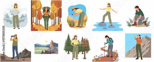 Colorful Flat Style People Hiking and Trekking Outdoor Activity Illustration