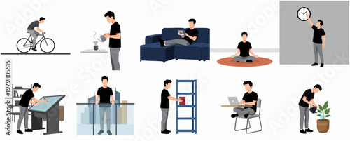 Minimalist Character Daily Routine Activity Illustration with Simple and Flat Design Style