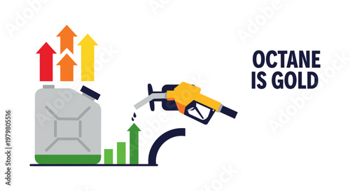 Fuel nozzle pouring into gas can with rising arrows in colorful vibrant lighting for business finance