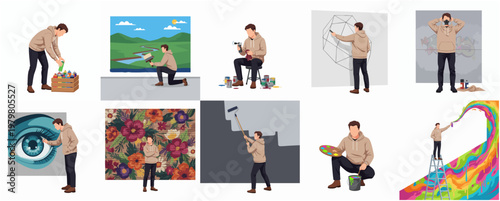 Diverse Flat Illustration Set of Male Artist Painting Different Subjects in Various Styles
