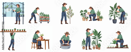 Flat Illustration of Woman Gardening Activities and Plant Care Collection
