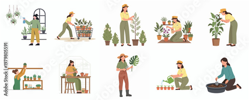 Flat Design Woman Gardening Activity and Plant Caring Illustration Set