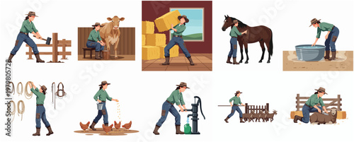 Illustrated Agricultural Set Farmer Character Carrying Hay Working with Animals