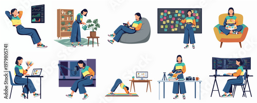 Flat Design Illustration of Young Woman Engaged in Various Home Activities