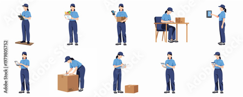 Diverse Poses of Express Delivery Courier Woman in Uniform Illustration