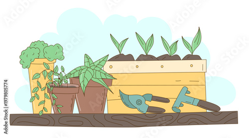 Vector garden scene with potted houseplants seedlings in wooden crate and gardening tools on shelf