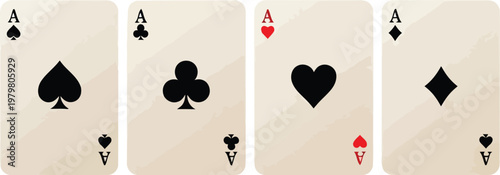 A set of four ace playing cards featuring spades clubs hearts and diamonds on white background.