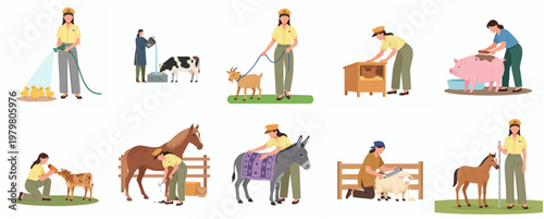 Flat Illustration Woman Caring for Various Farm Animals on White Background
