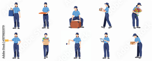 Simple Cartoon Various Delivery Woman Activity and Pose Collection Illustration