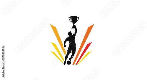 A silhouette of a soccer player holding a trophy.