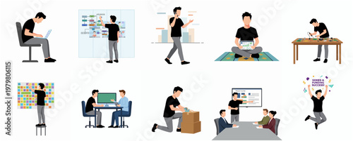 Flat Style Man in Diverse Scenes Doing Different Business Activities Illustration
