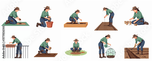 Pixelated Woman Planting Seed in Soil Various Stage Activities Illustration