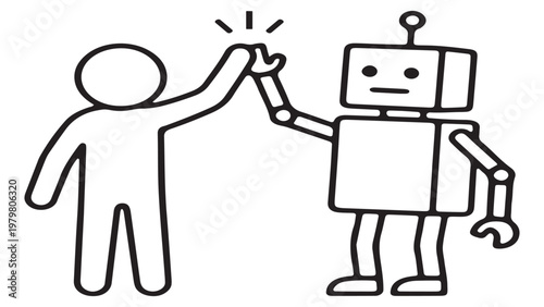 Human and robot high five, concept of artificial intelligence collaboration and friendship, line art style.