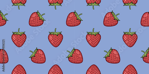 Colorful strawberry seamless pattern with pink strawberries on blue background, hand-drawn vector illustration, line art contour with fill isolated, fresh fruit repeat design for textile and packaging