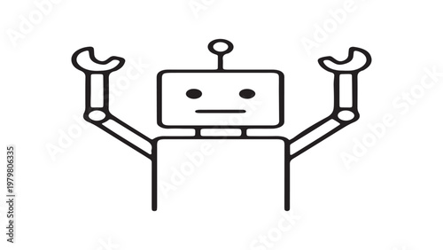 Cute line art robot character raising arms with a neutral facial expression, simple vector illustration for technology and automation concepts.